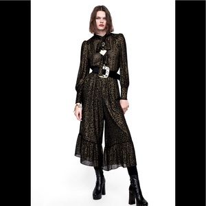 Zara Leopard Print Jumpsuit Ruffled Hem Bow Golden